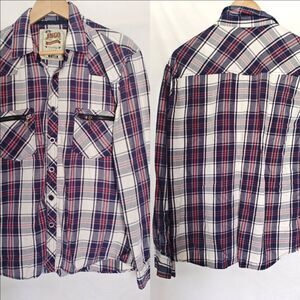 JNCO Flannel Plaid Button-Up Red Navy White Zip Front Pockets XL